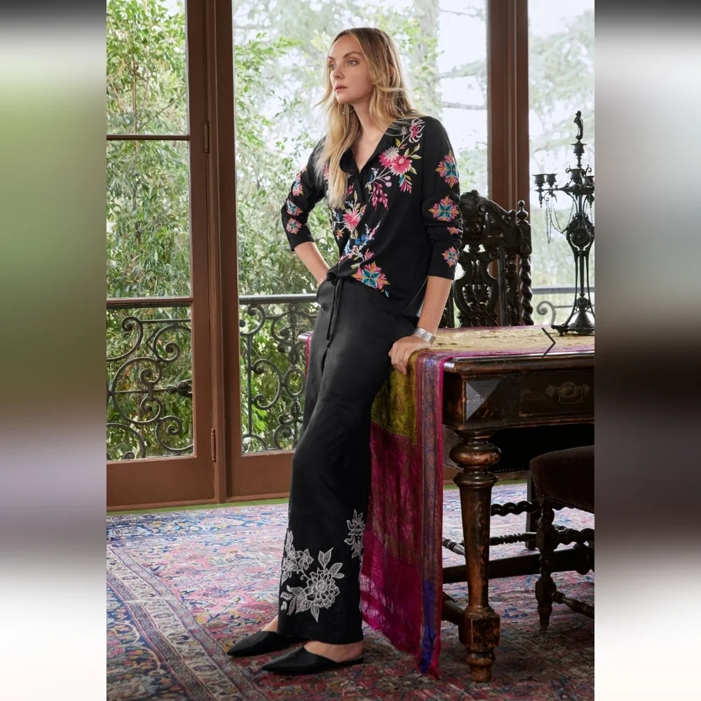 Johnny Was Addison Embroidered Wide-Leg Linen Pants. MSRP $248. Size M - Picture 5 of 12